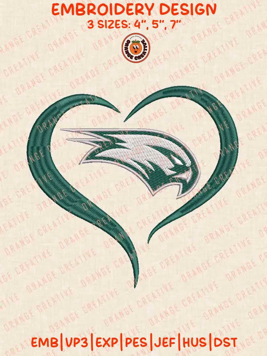 Wagner Seahawk Heart Logo Embroidery Design, College Machine Embroidery Digitized Pes File, Football Designs, 3 Sizes, Custom Size, Instant Download
