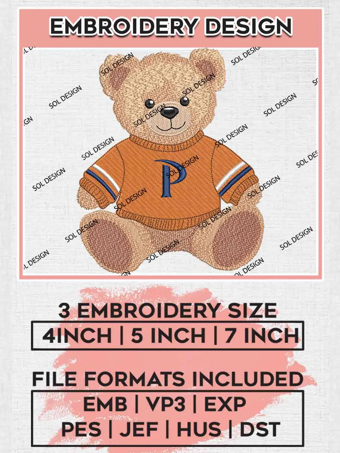 Pepperdine Wave Teddy Bear Embroidery Design, Football Embroidery files, Sport Machine embroidery files, 3 sizes, Instant Download