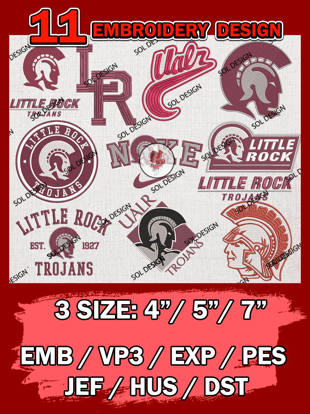 11 NCAA Little Rock Trojans Bundle Embroidery Files, NCAA Little Rock Trojans Team Bundle Embroidery Designs, NCAA Teams, National College Football Team 3 sizes, NCAA Little Rock Machine Embroidery, Digital Download