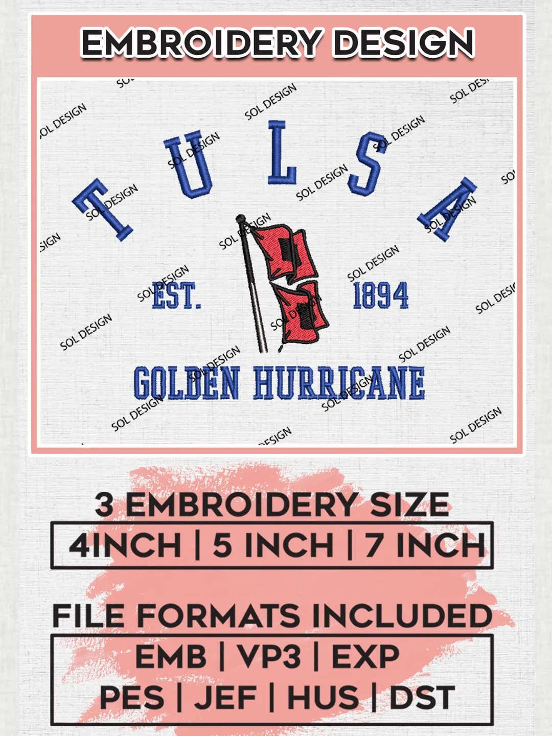 Tulsa Golden Hurricane Est 1894 Logo Embroidery Designs, NCAA Tulsa Golden Hurricane Team Embroidery, NCAA Team Logo, 3 sizes, Machine embroidery Files, Digital Download