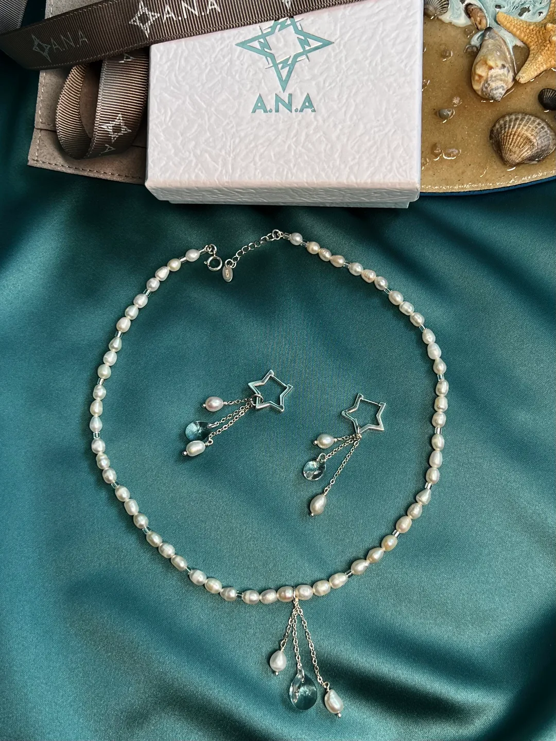 Pearl Silver 925 Jewelry Set Necklace Earrings PEARL TEARS