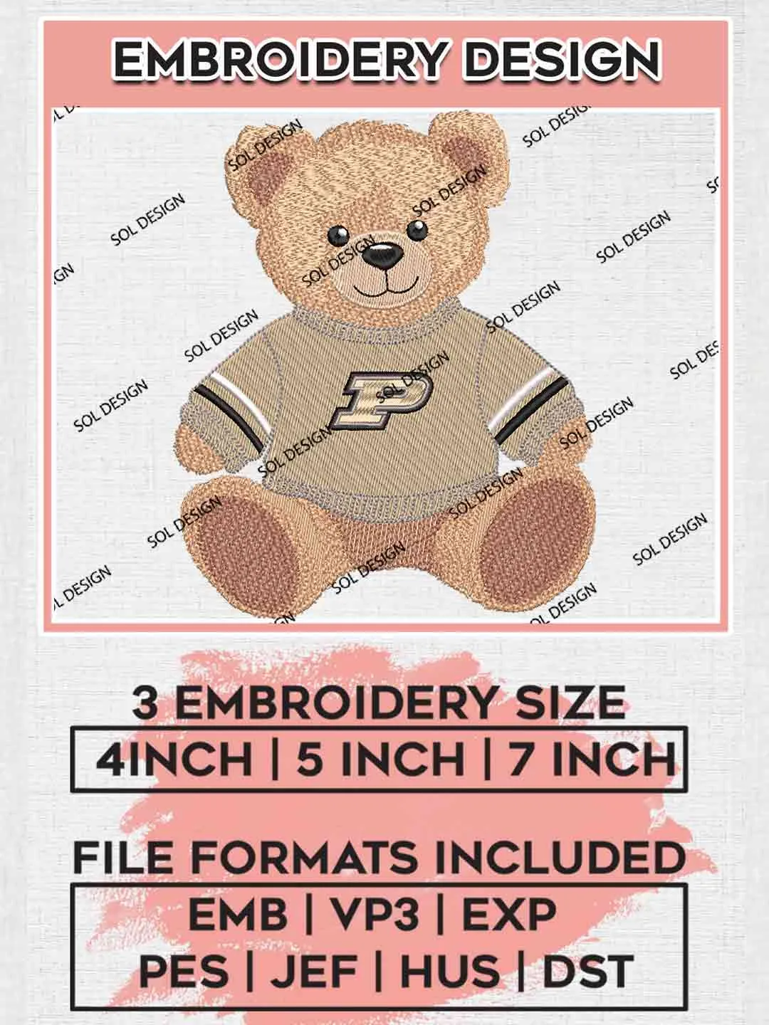 Purdue Boilermaker Teddy Bear Embroidery Design, Football Embroidery files, Sport Machine embroidery files, 3 sizes, Instant Download