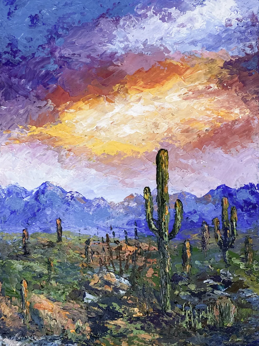 Desert landscape Acrylic painting Sunset sky art Arizona painting Saguaro cactus art Impasto painting