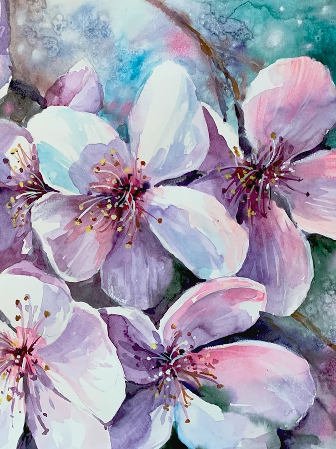 Blooming apple tree watercolor painting