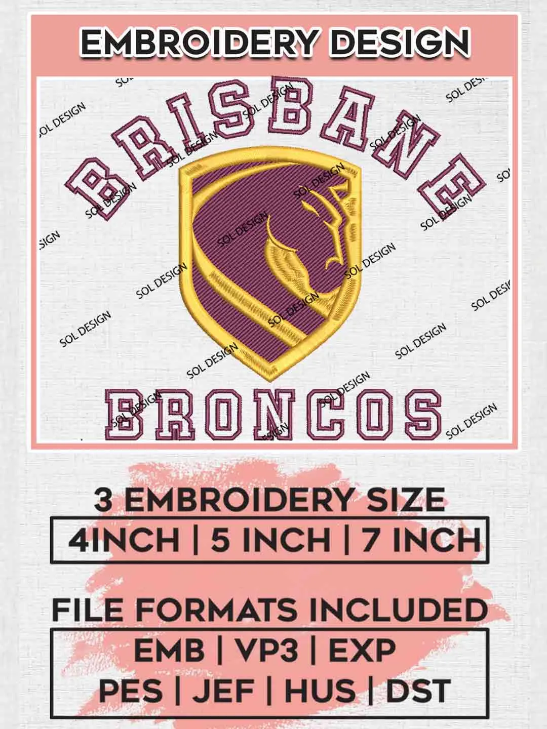 NRL Brisbane Broncos Logo Machine Embroidery Design, National Rugby League Logo, NRL Embroidery Design, NRL Machine Embroidery Digitized Pes File,3 Sizes, Instant Download