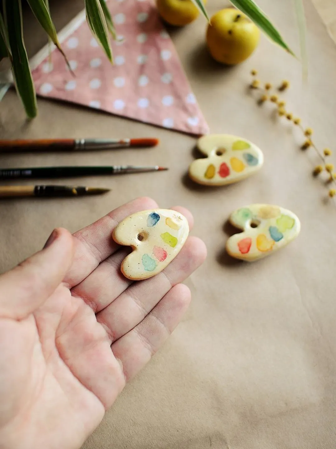 Warm brooch made of polymer clay, artistic palette pin, artistic palette brooch