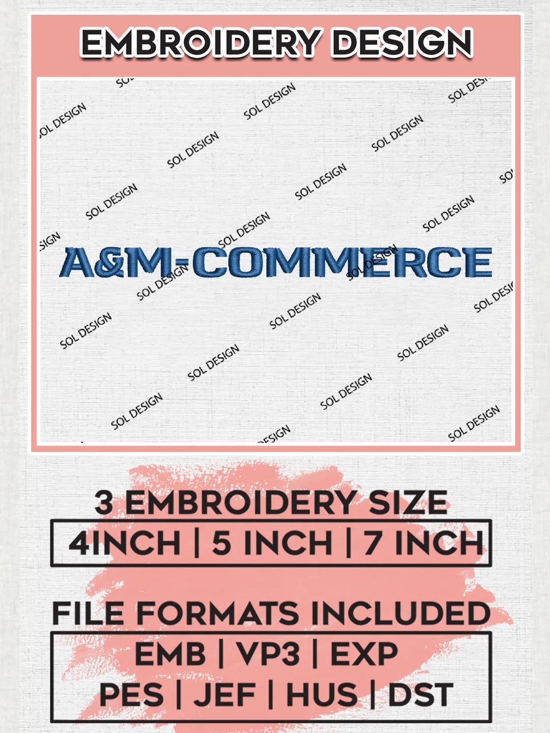 NCAA A&M Commerce Team Word Logo Embroidery Design Files, NCAA East Texas A&M Lions Machine Embroidery, NCAA Teams, 3 sizes, NCAA Machine embroidery designs, Digital Download