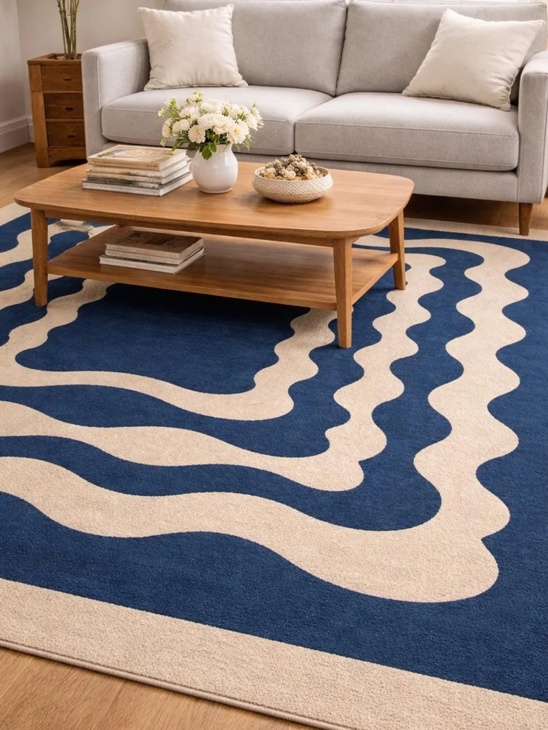 Wavy Small Rug Hand Tufted Wool Rug, Burnt Orange Cream Wavy Abstract Carpet, Retro ...