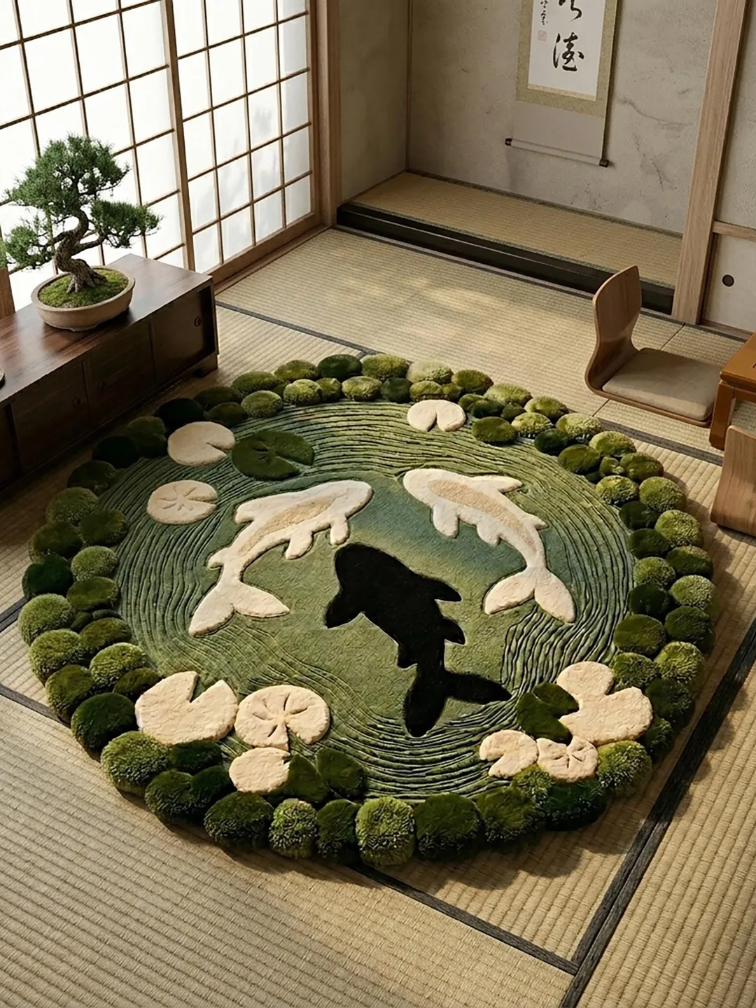 Hand Tufted Wool Koi Pond Rug, Japanese Style Moss Border Carpet