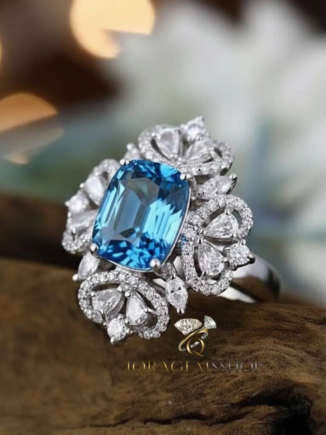 Blue Topaz 925 Sterling Silver Ring • Vintage Floral Halo, Anniversary Gift