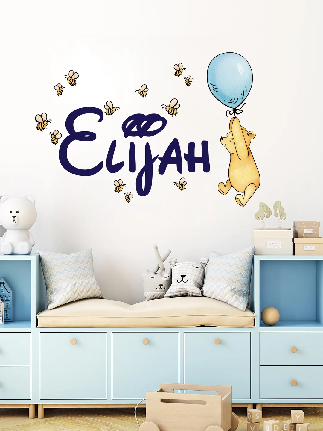 Classic Winnie the Pooh Wall Stickers | Personalized Boy Name Wall Art | Wall Decal for Kids Room the Adventures of Winnie the Pooh Decor | Winnie and Bees Nursery Decoration