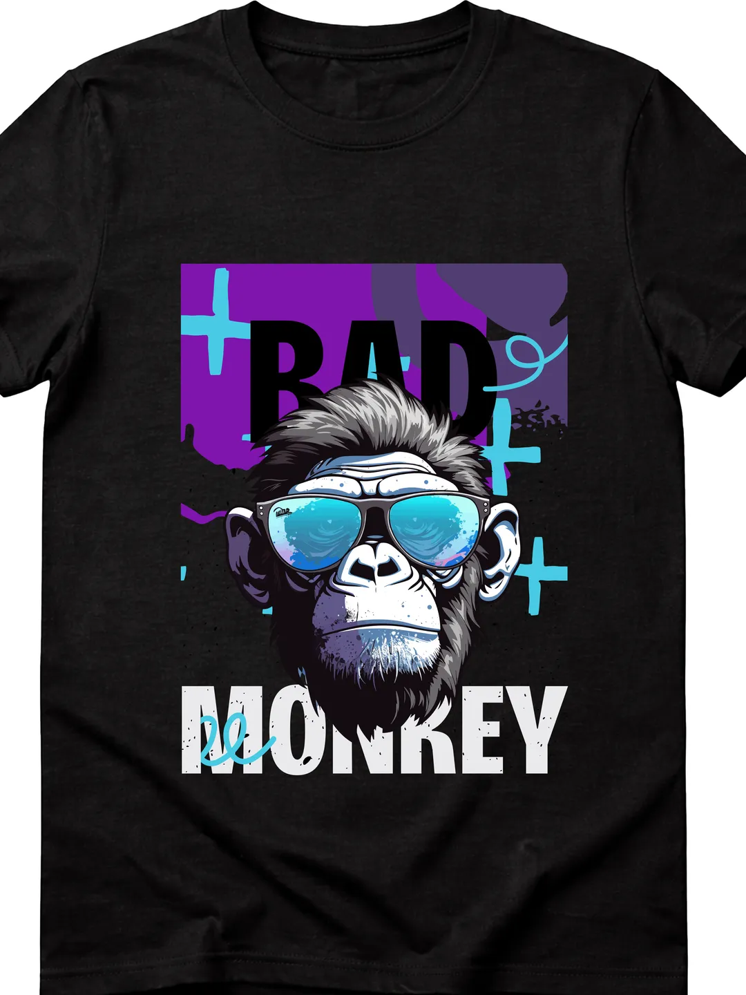 T-Shirt Design Black Purple Blue Bold Illustrative Bad Monkey T-Shirt Graphic Tee