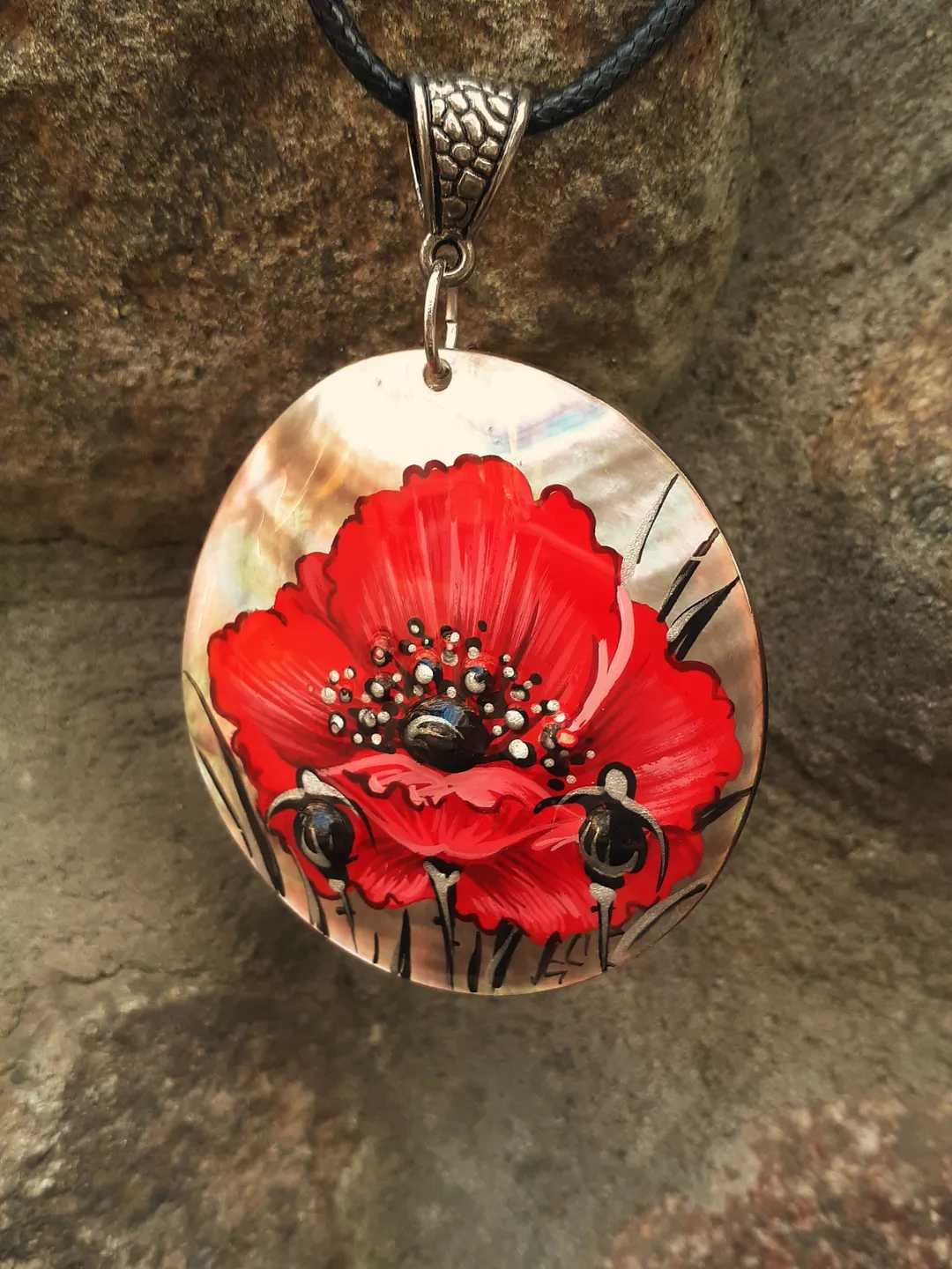 Inspirational red pendant. Mother-of-pearl Russian hand-painted jewelry. Hand paint necklace pendant. Miniature. August flower of birth