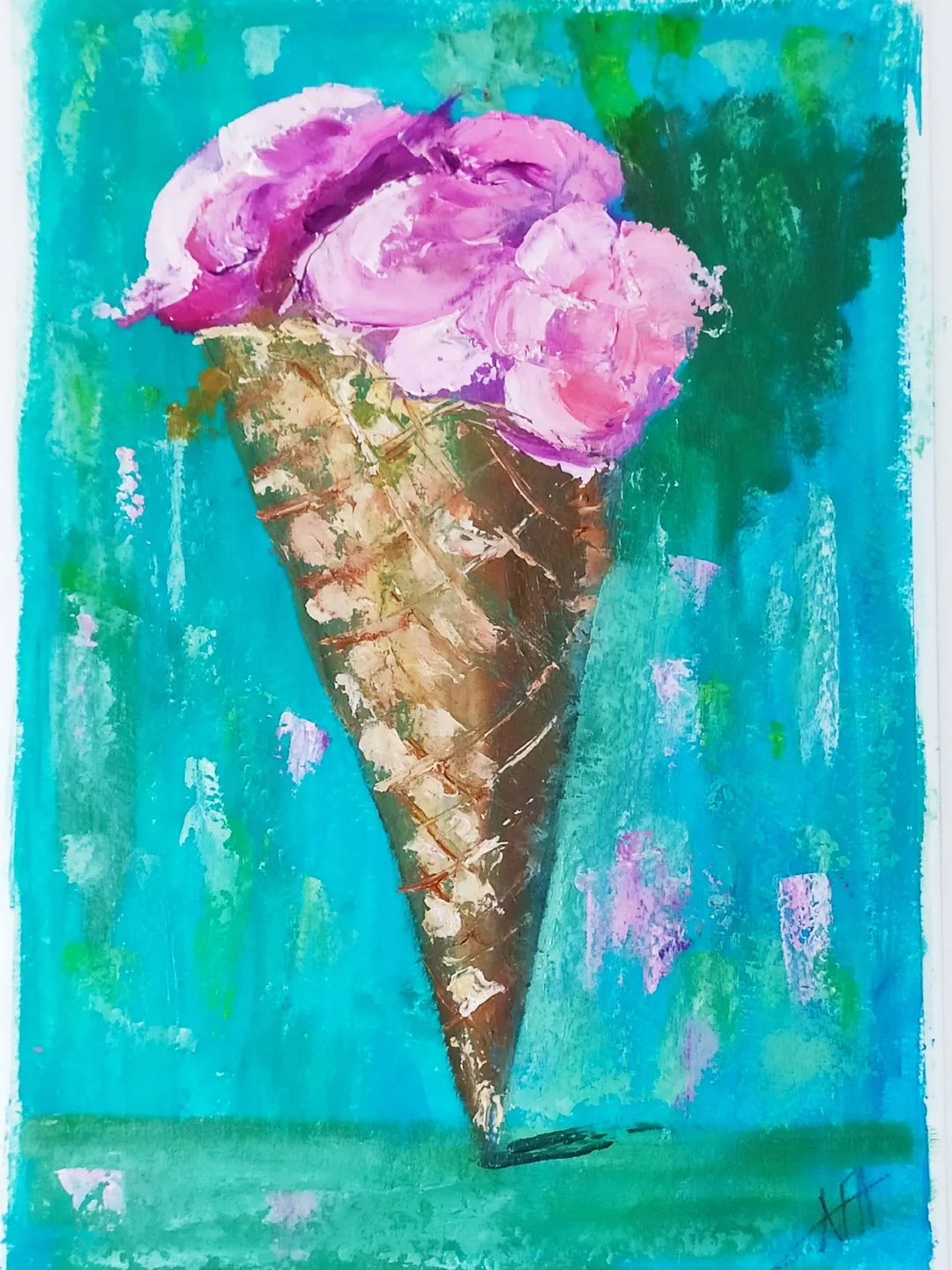 Strawberry ice cream Miniature bright oil painting with a palette knife