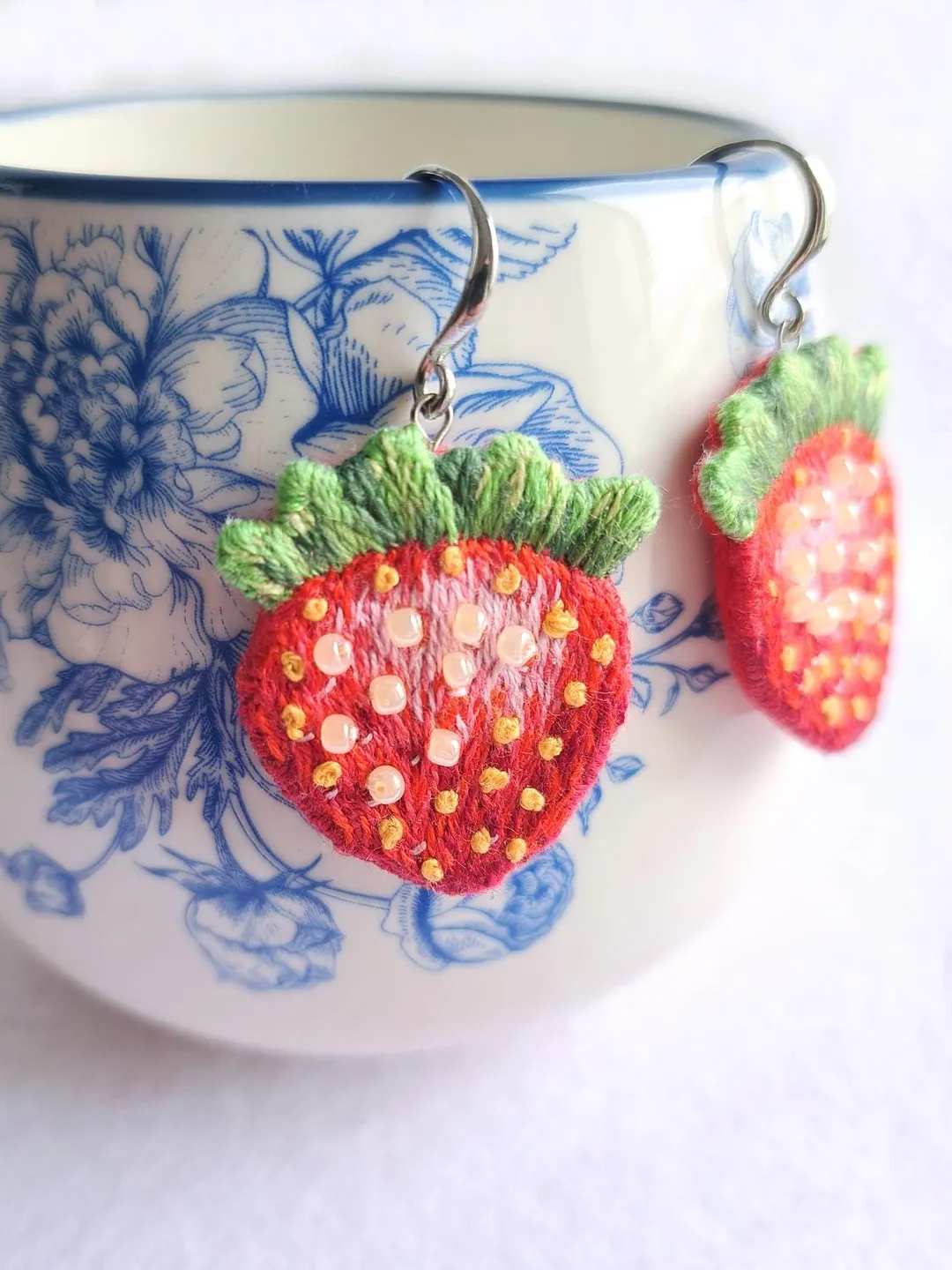Strawberry Earrings Embroidery Handmade Boho Stylish Sweet Birthday Gift Stylish Whimsical Accessory Quirky Handcrafted Boho Design Jewelry