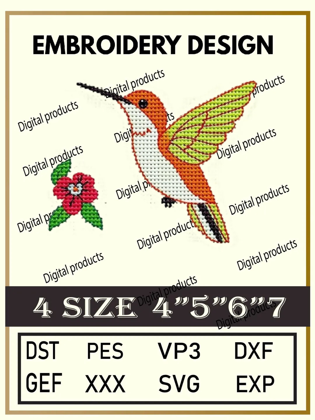 Hummingbird and Flower Embroidery Design Digital Pattern with Orange‑White‑Green Bird and Red Blossom for Machine Embroidery Projects in Four Sizes with Multiple Compatible Formats Including DST, PES, VP3, DXF, GEF, XXX, SVG, EXP Download