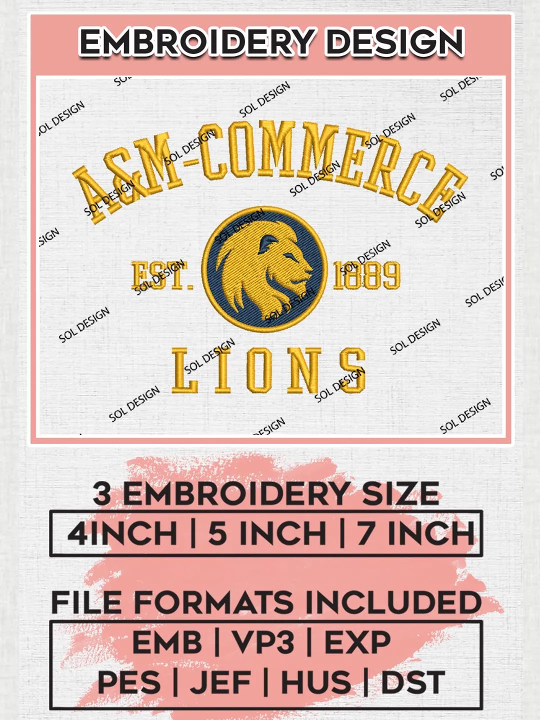 Texas A&M Commerce Lions Est 1889 Logo Embroidery Designs, NCAA Texas AM Commerce Lions Team Embroidery, NCAA Team Logo, 3 sizes, Machine embroidery Files, Digital Download