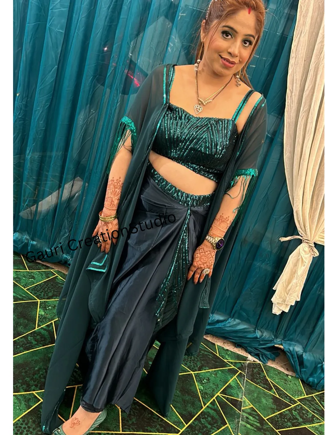 green dress with shrug Sea Georgette Designer Handwork & Padded Blouse Plus Size Available
