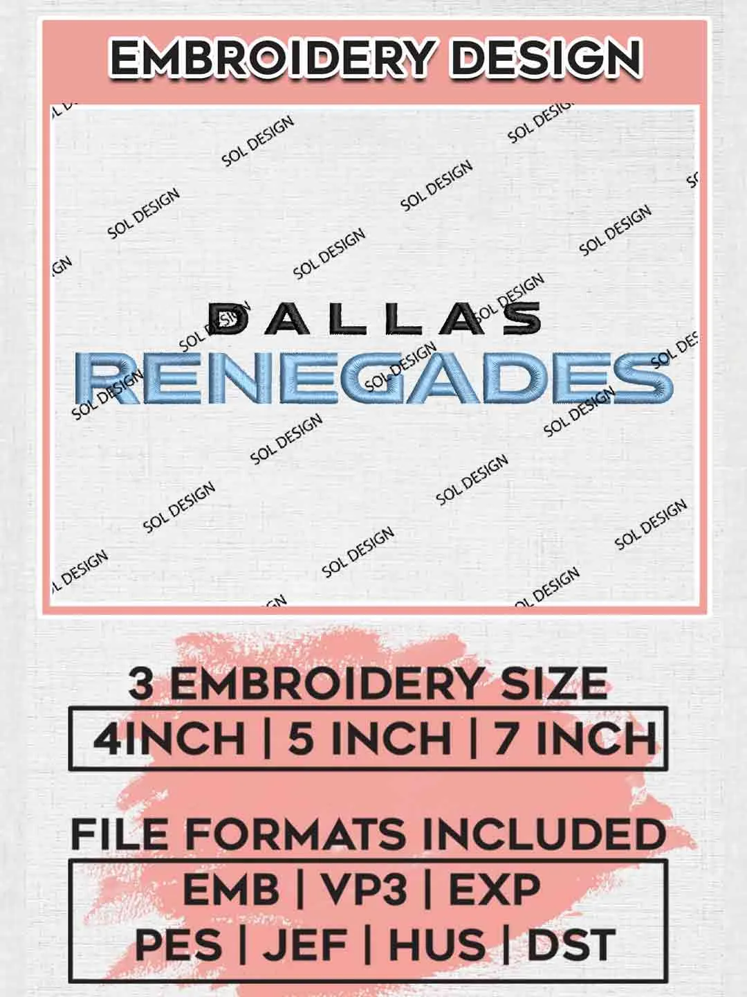 Dallas Renegades Wordmark Logo Embroidery Design, UFL Embroidery files, Sport Machine embroidery designs, 3 sizes, Instant Download