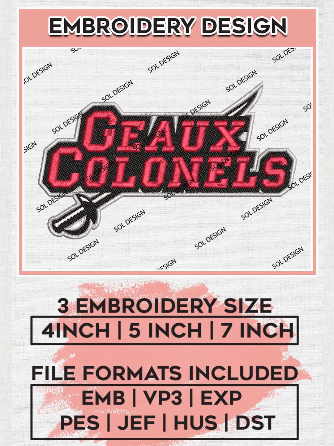 NCAA Geaux Colonels Team Logo Embroidery Design Files, NCAA Nicholls Colonels Machine Embroidery, NCAA Teams, Game Day, 3 sizes, NCAA Machine embroidery designs, Digital Download