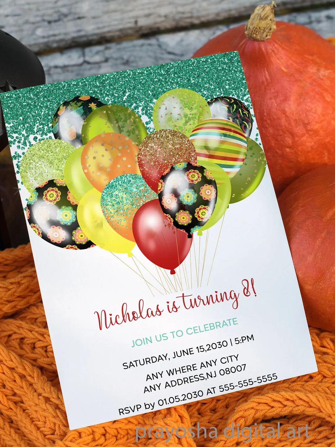 Colorful Celebration: Editable Balloon Birthday Party Invitation Template for a Fun-Filled 8th Birthday Bash!