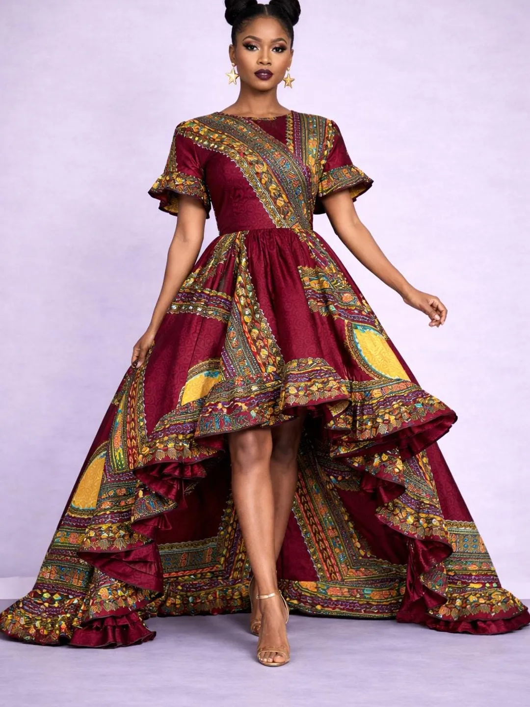 angelina maxi dress burgundy Dashiki Printed Burgundi Flare Statement Cotton African High-Low Ruffle Dress Wax Print Elegant Ankara Dress Babyboo fashion