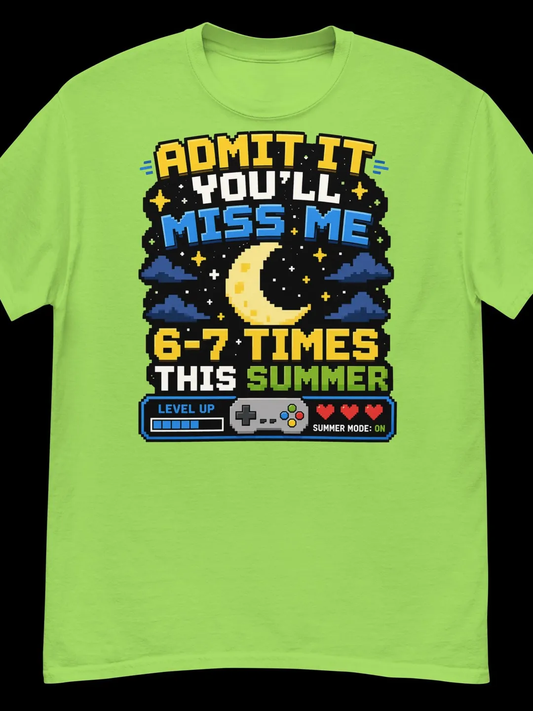 Retro 8-Bit Summer Gaming Shirt, Pixel Art Moon Graphic Tee, Vintage Gamer Aesthetic Clothing for Men Women Kids, Nostalgic Gamer Apparel