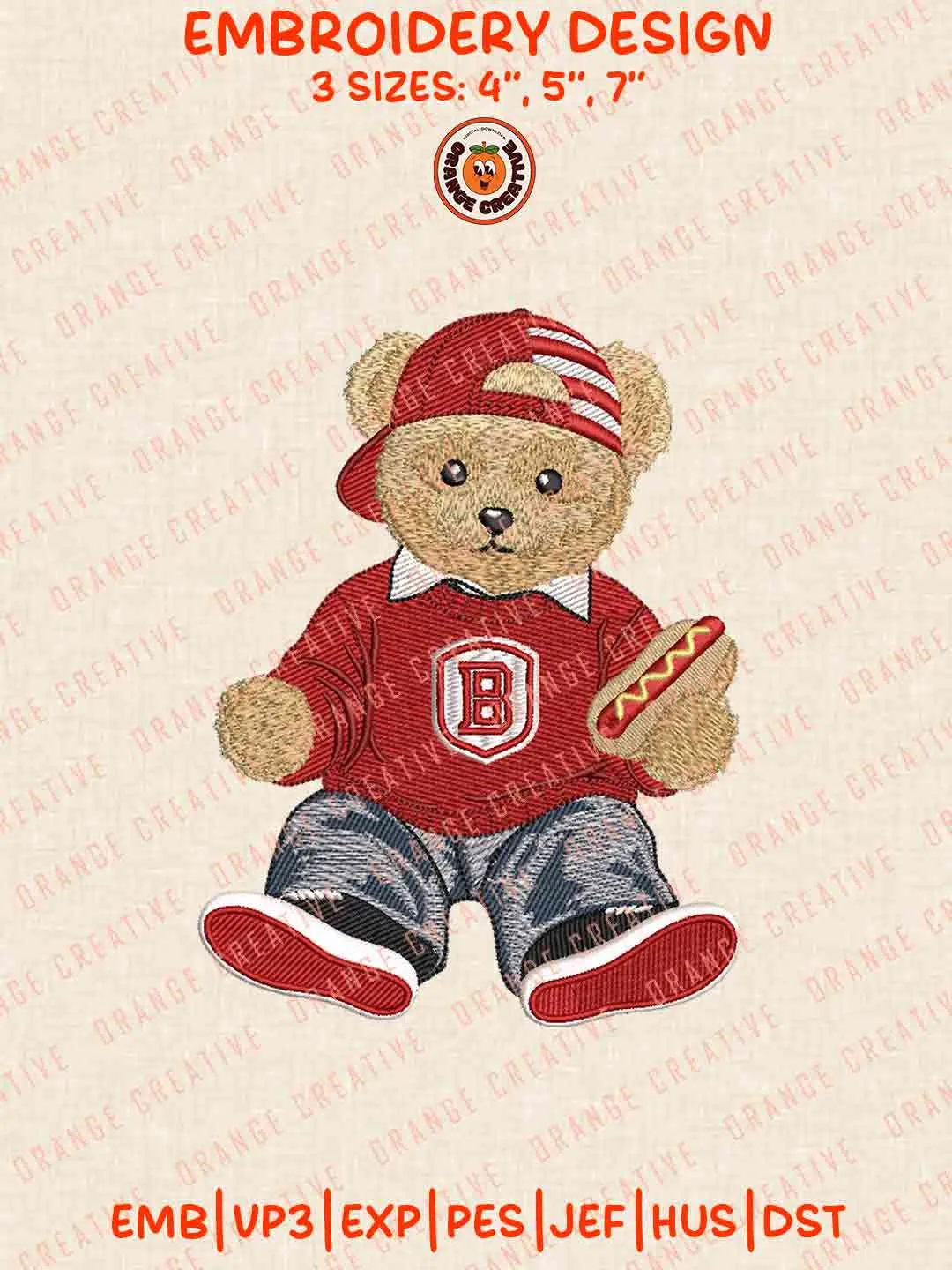 Bradley Braves Teddy Bear Hotdog Logo Embroidery Design Files, NCAA Bradley Logos Embroidery Designs, NCAA Machine Embroidery Files, 3 Sizes, Custom Sizes, Digital Files