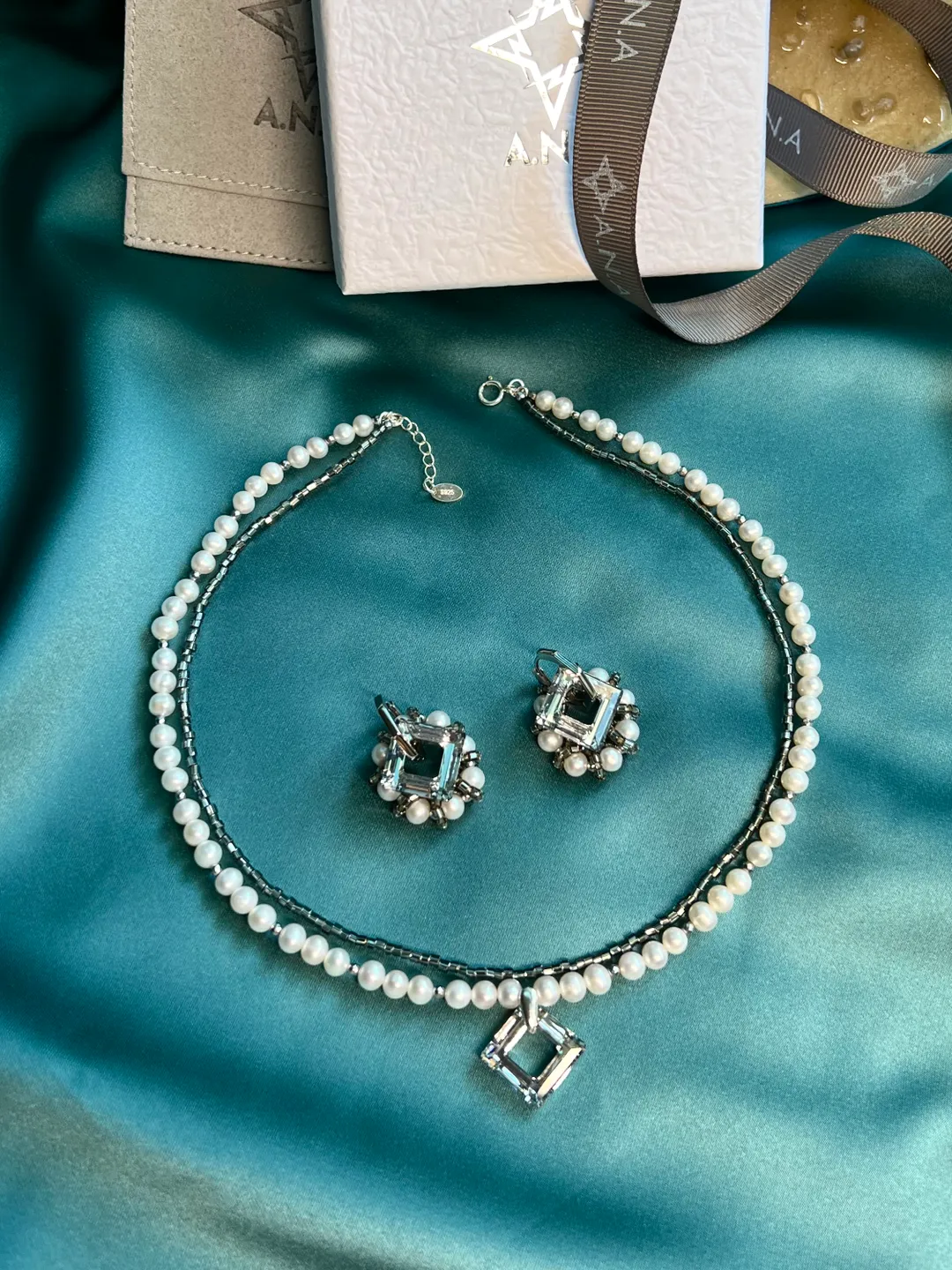 Pearl Silver 925 Jewelry Set Necklace Earrings RHOMBUS