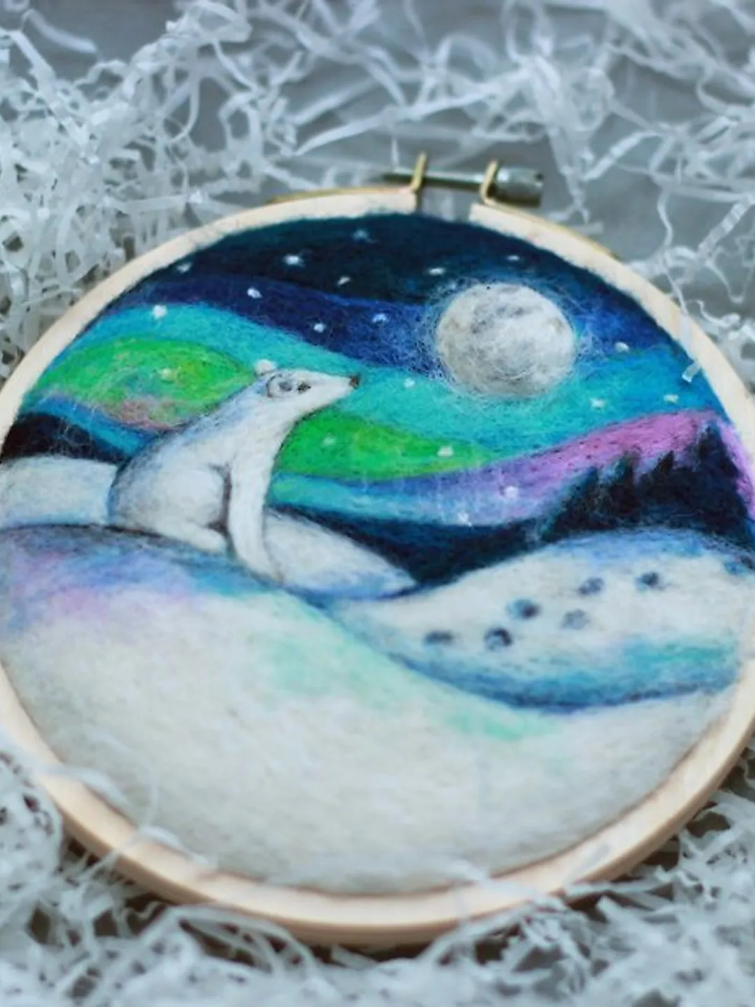 Needle felted bear, Original winter wool painting,Felt art,Unusual gift