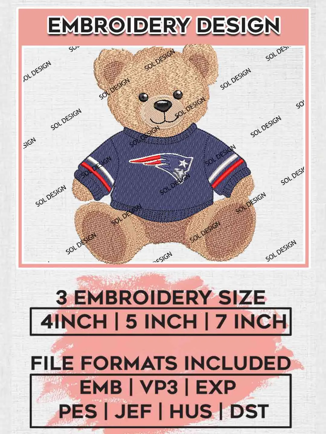New England Patriots Cute Teddy Bear Embroidery Designs, Vintage Sports Bear Football Embroidery Design File, NFL, Sport Bear Embroidery, NFL New England Patriots Team Embroidery, Digital Download