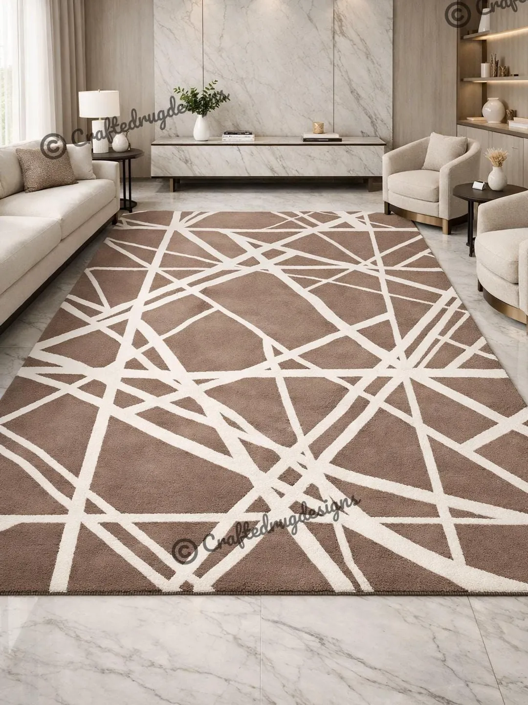 Lined Pattern Rug Modern Abstract Tufted Rug, Neutral Taupe Beige Area Rug, Geometric ...