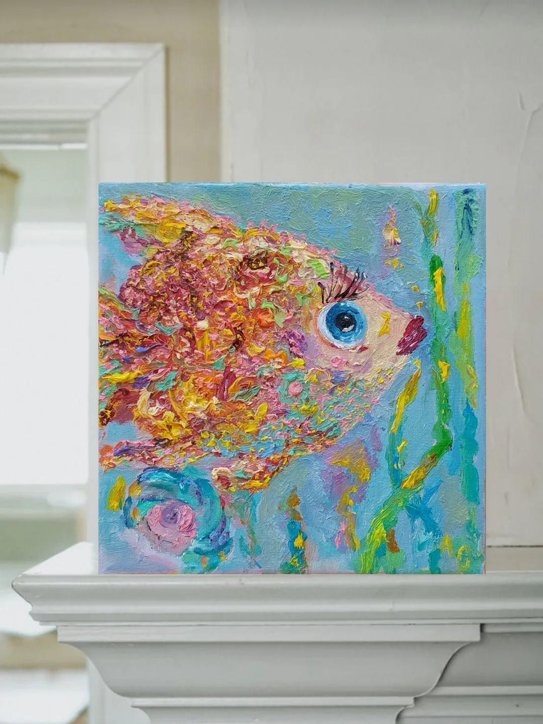 "Pink fish" oil painting on canvas 20x20cm (8x8inch)