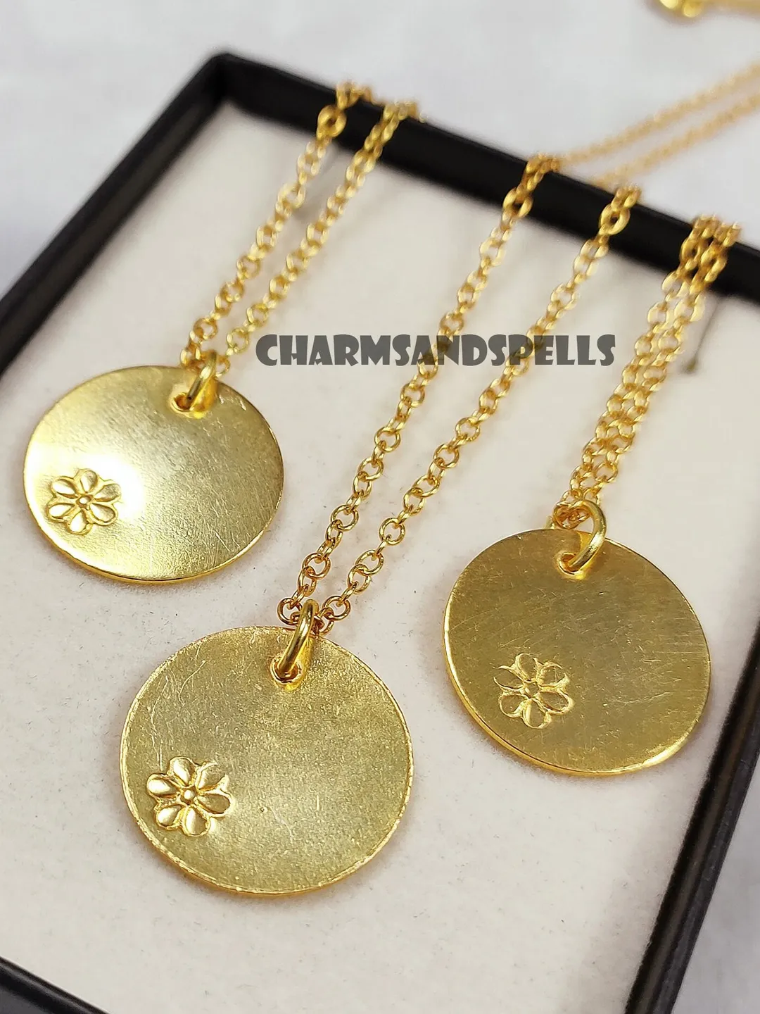 Engraved Floral Disc Necklace, Gold Plated Jewelry, Minimalist Charm, Gift For Her