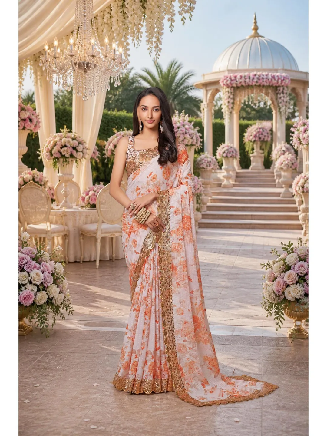 White Georgette Saree For Women: Sequins Embroidery Indian Wedding Wear Ready To Wear