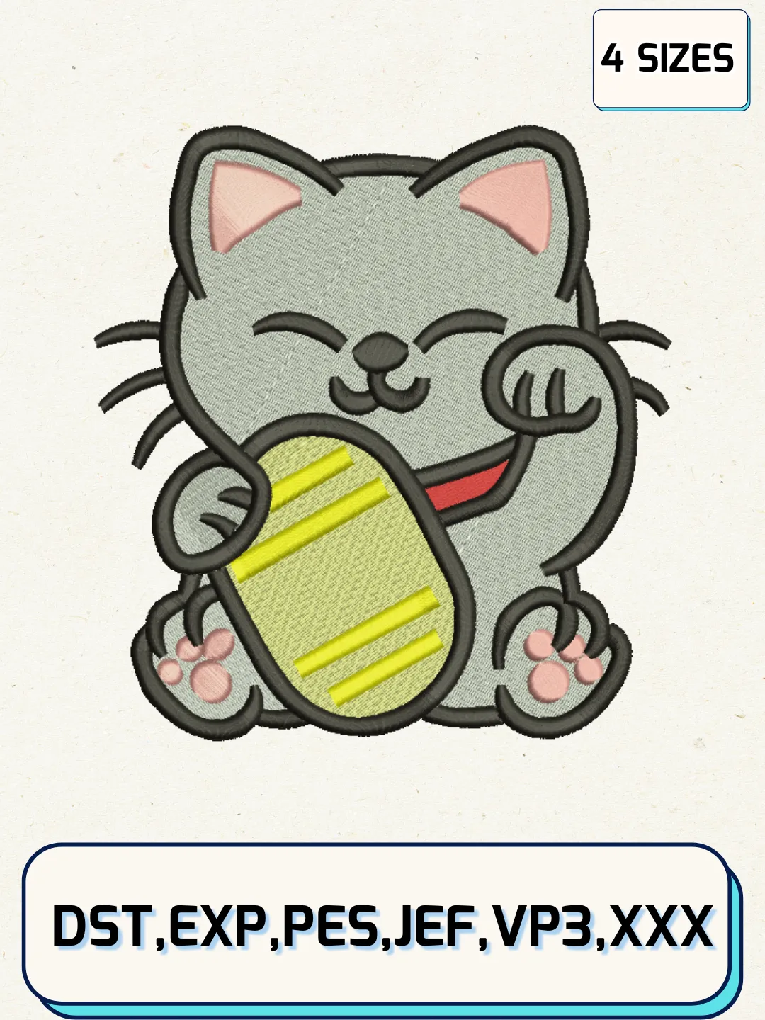 Lucky Cat Embroidery Design Files, Animal Logos Embroidery Designs, Machine Embroidery Files, 4 Sizes