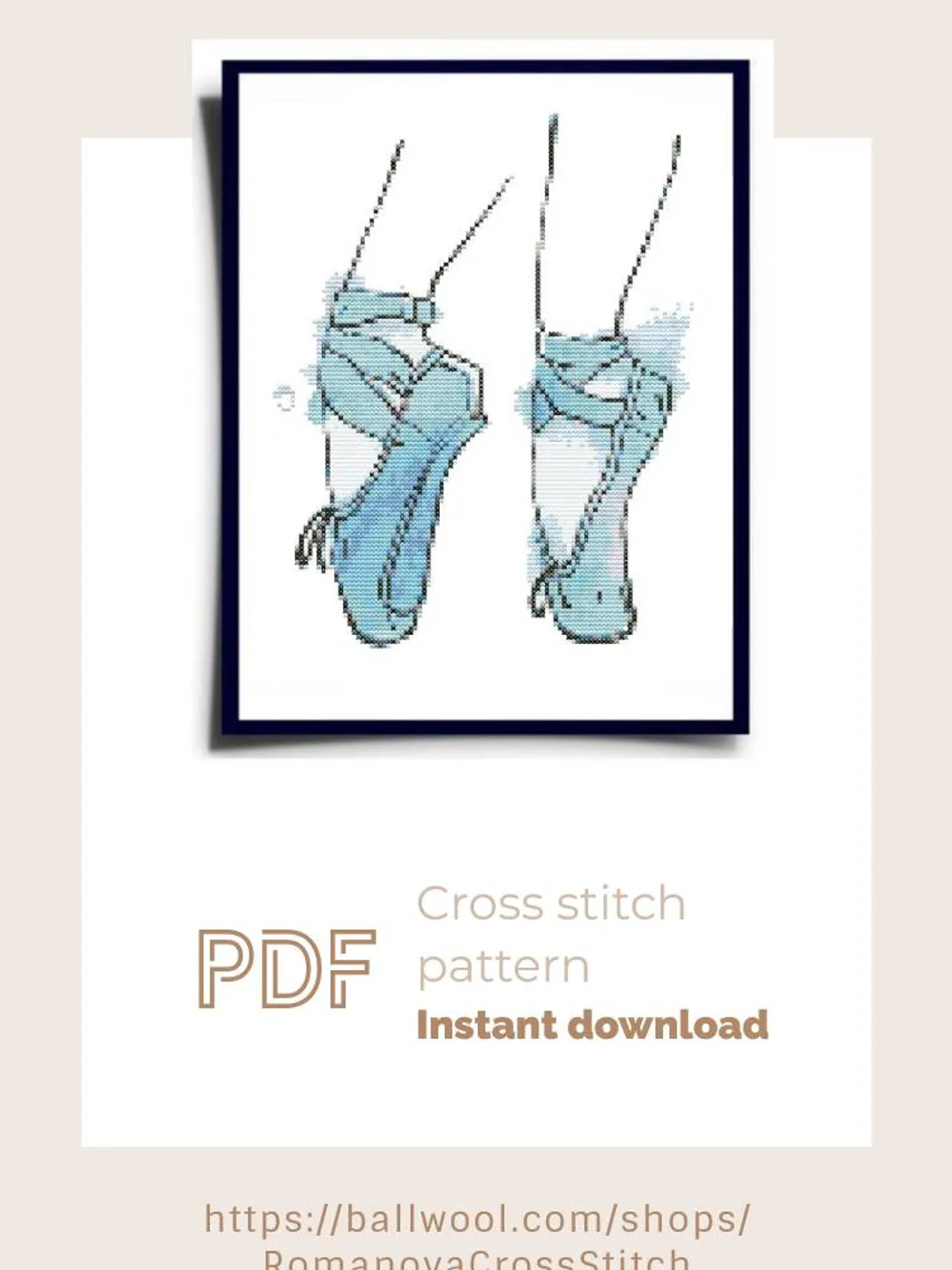 Blue pointe shoes cross stitch PDF pattern, Watercolor embroidery design, Instant download