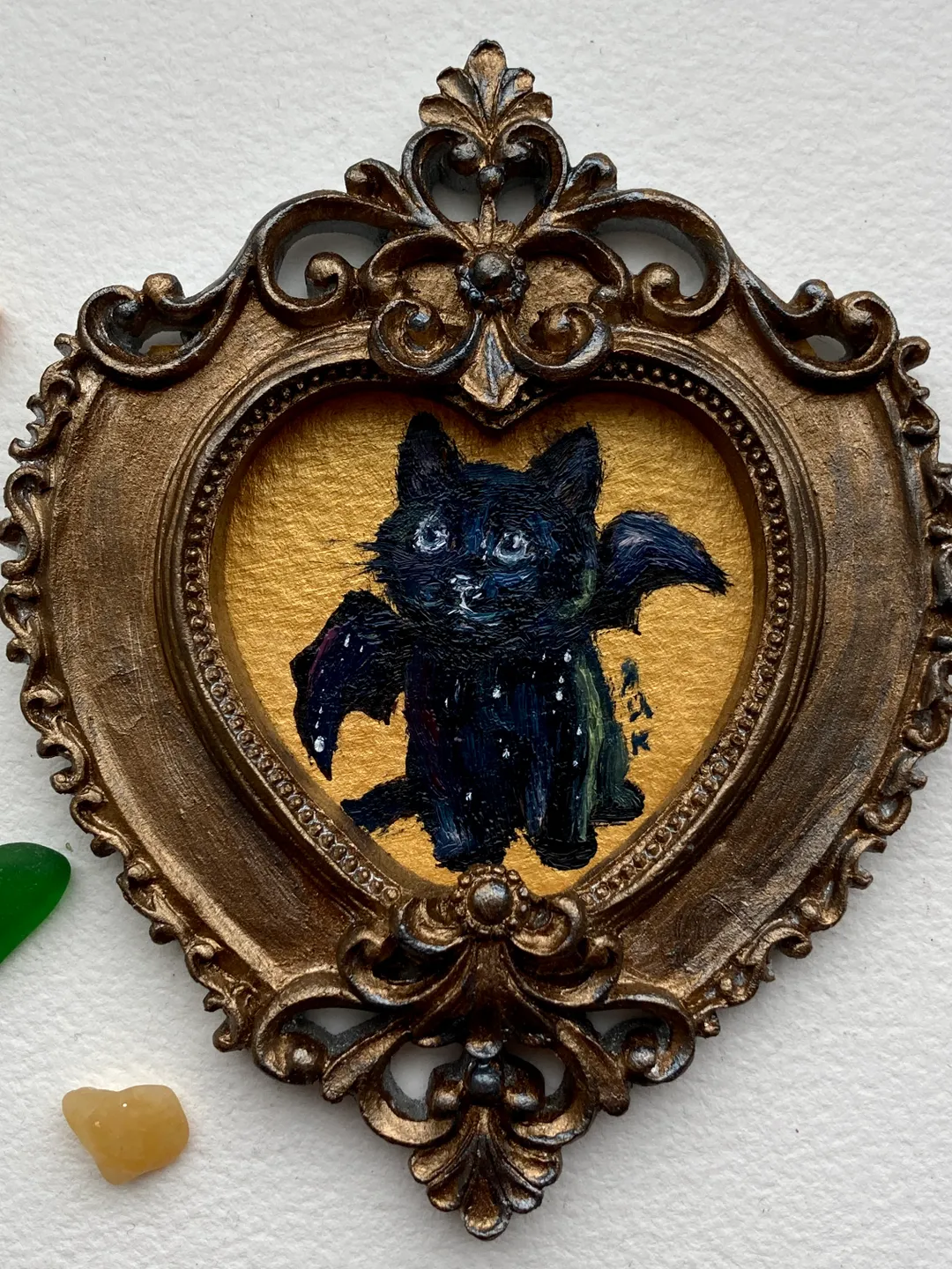 Bat Cat Painting Small Original Framed Art Goth Bat Gifts, Mini Gold Framed Decor, Cat Bat, Black Cat Art, Tiny Art Whimsigoth Decor