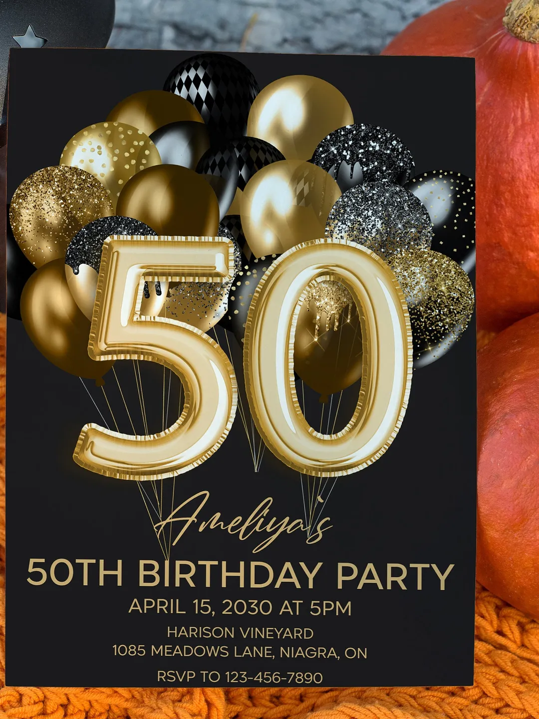 50th Birthday Invitation, Black and Gold Balloons (Digital Download)