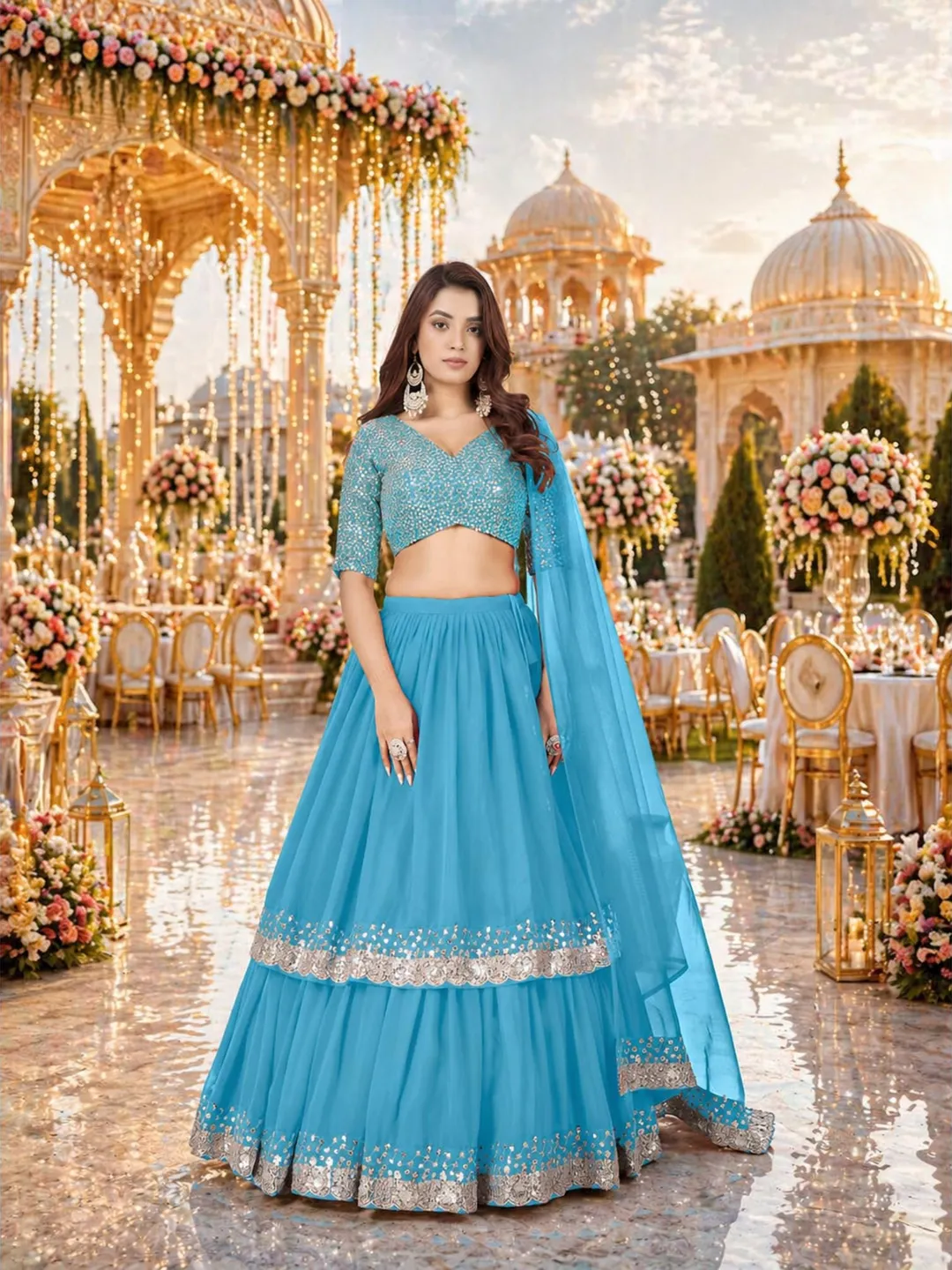 Sky Blue Sequin Embroidered Ready To Wear Lehenga Choli: Indian Wedding Wear