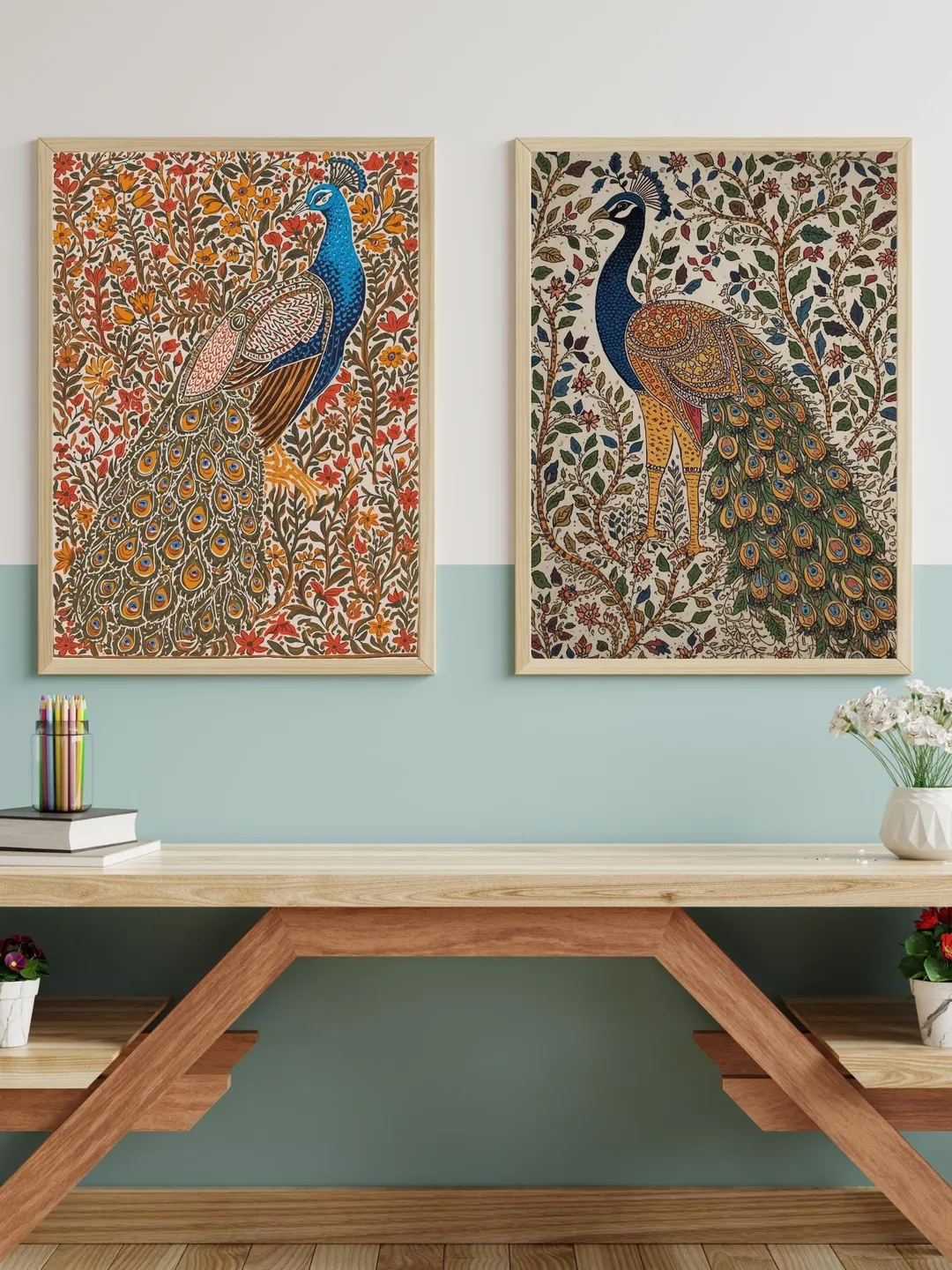 Madhubani Peacock Wall Art, Traditional Print, Indian Folk Painting ...