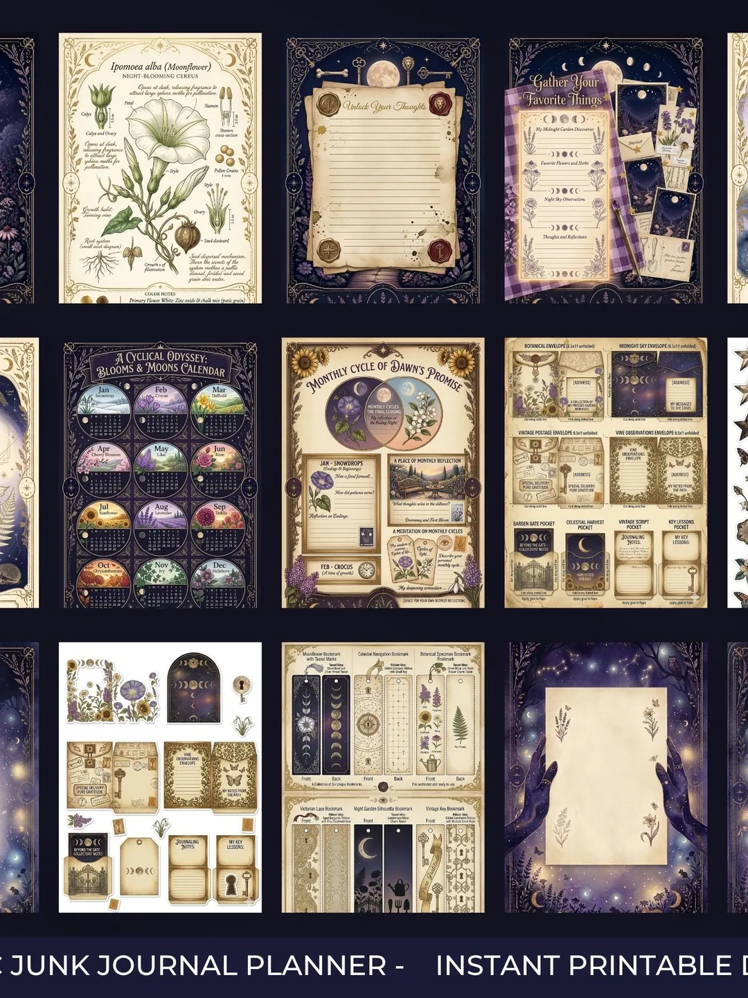 Midnight Garden Junk Journal Kit - 50+ Printable Pages,