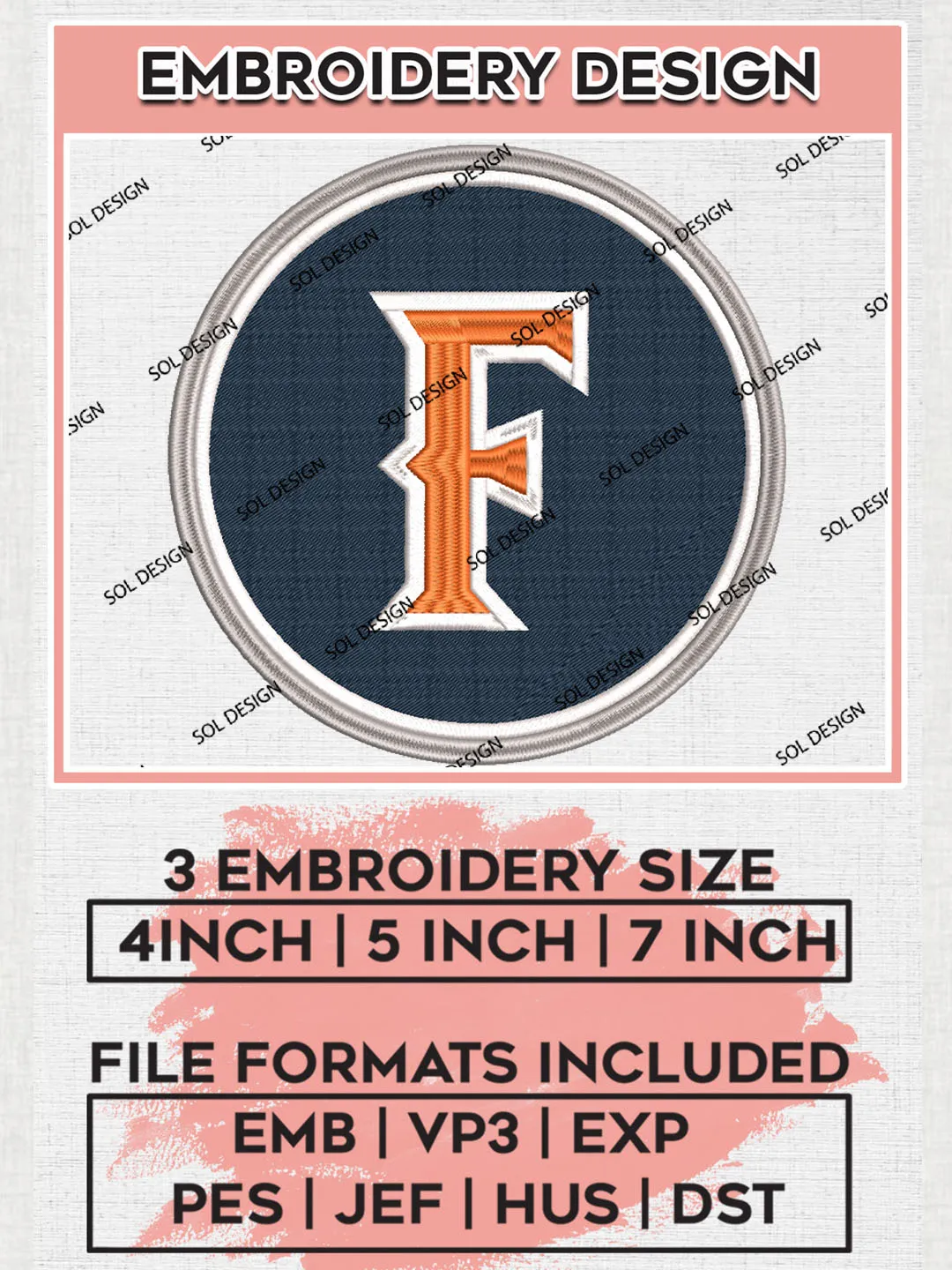 Cal State Fullerton Titans Team Letter Round Logo Embroidery Design Files, NCAA Cal State Fullerton Titans Machine Embroidery, NCAA Teams, Game Day, 3 sizes, NCAA Machine embroidery designs, Digital Download