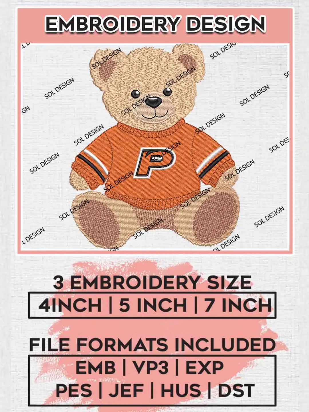 Pacific Tiger Teddy Bear Embroidery Design, Football Embroidery files, Sport Machine embroidery files, 3 sizes, Instant Download