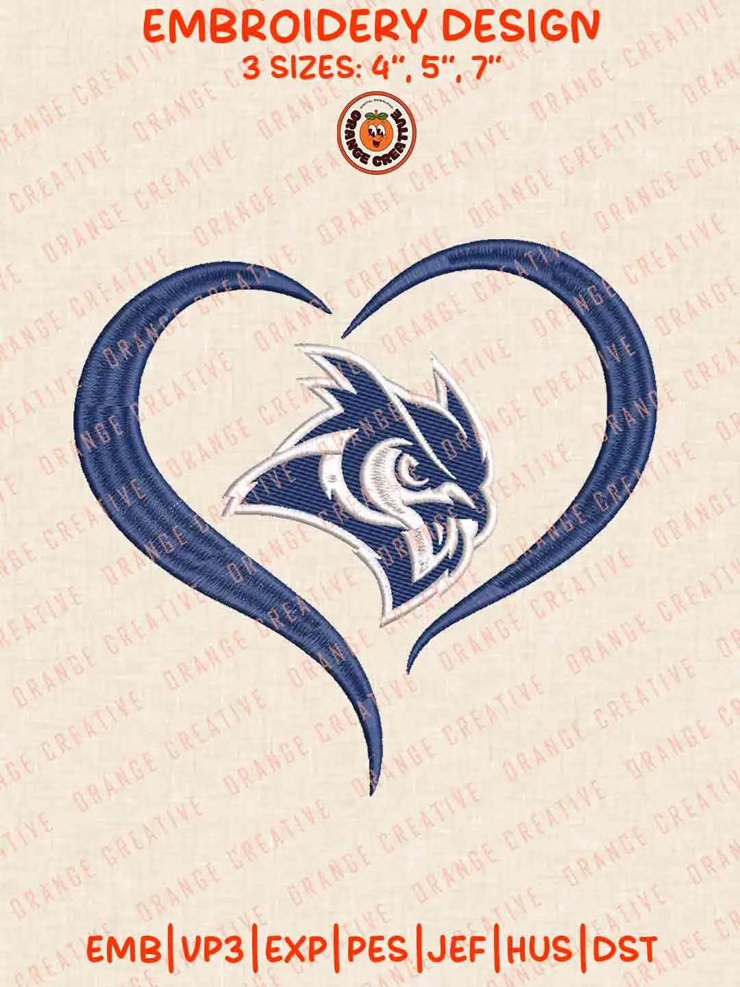 Rice Owls Heart Logo Embroidery Design, NCAA Rice Owls Team Machine Embroidery Digitized Pes File, 4 Sizes, Custom Size, Instant Download