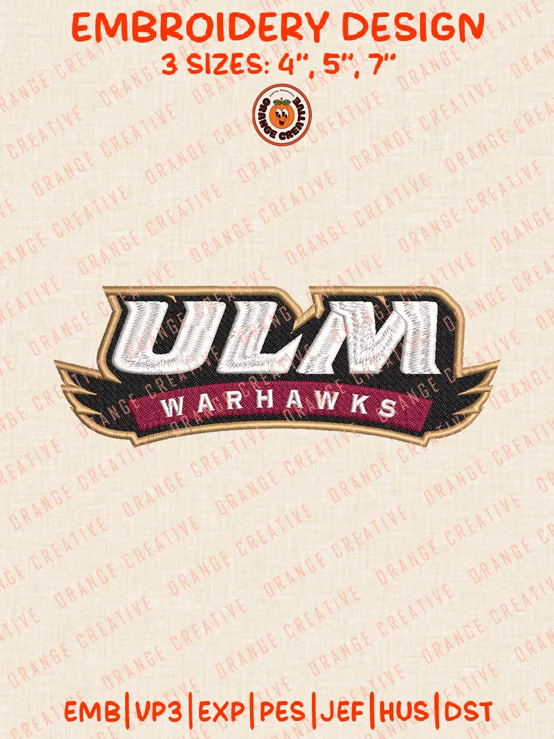 UL Monroe Warhawks Text Logos Embroidery Design Files, NCAA Logos Embroidery Designs, Machine Embroidery Files, 4 Sizes, Custom Sizes, Instant Download