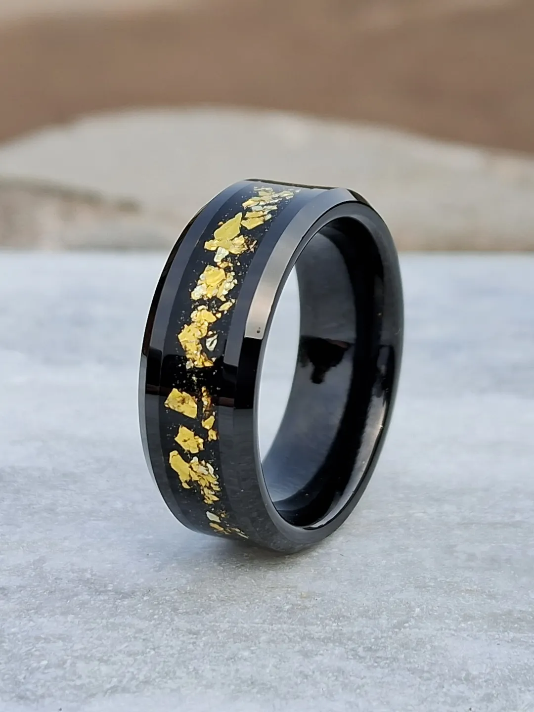 8mm Black Tungsten Ring for Men with Black & Gold Foils Inlay – Beveled Edge, Stylish Durable Wedding Band Free Custom Engraving