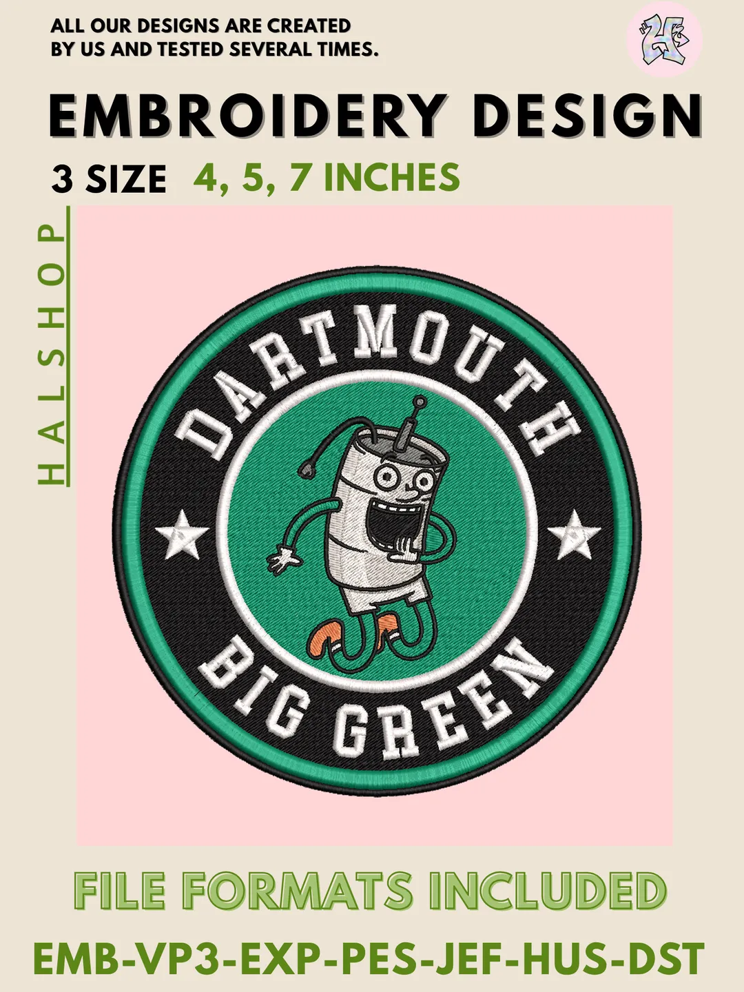 Dartmouth Big Green NCAA Team Funny Mascot Logo Embroidery Design Files – College Sports Machine Embroidery, 3 Sizes, Digital Instant Download