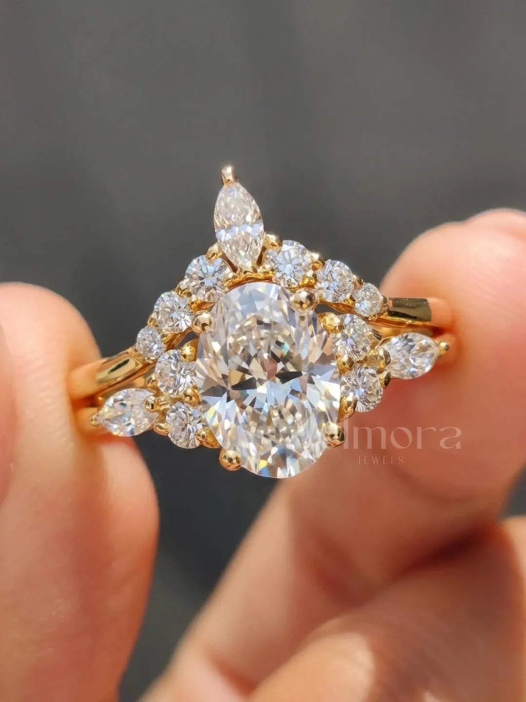Oval Halo Engagement Ring, Floral Cluster Moissanite Bridal Ring, Vintage Anniversary Gift