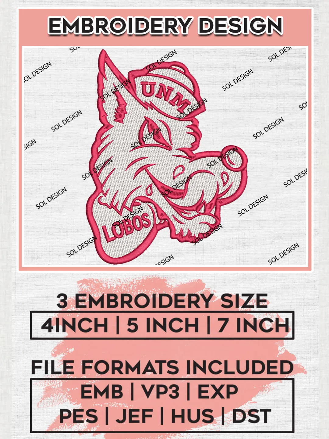 New Mexico Lobos Football Team Head Mascot Logo Embroidery Design Files, NCAA New Mexico Lobos Machine Embroidery, NCAA Teams, 3 sizes, NCAA Machine embroidery designs, Digital Download